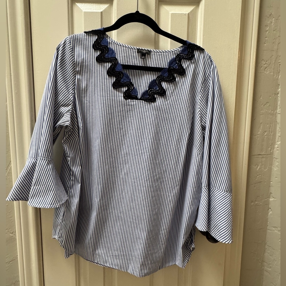 Talbots 1X White and Blue Striped V-Neck Blouse